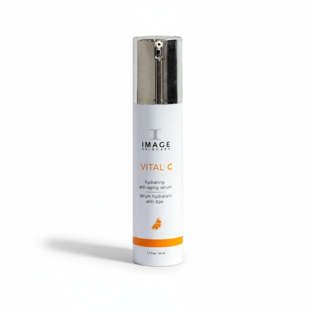 A bottle of IMAGE Vital C Hydrating Anti-Ageing Serum with a white and orange label, under a white cap.