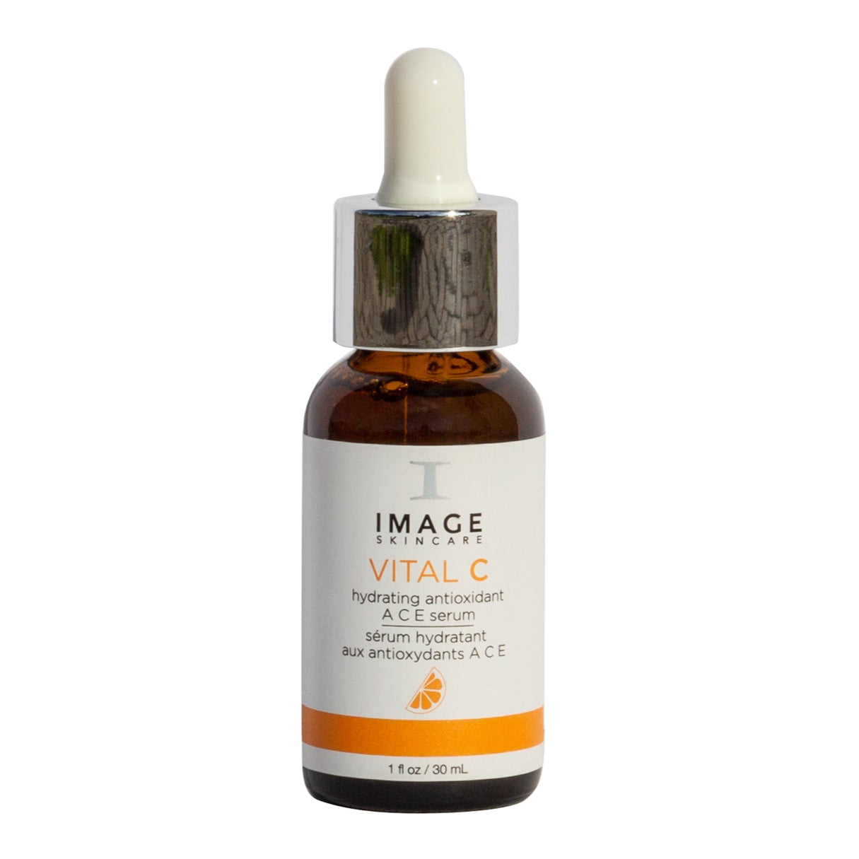 A bottle of IMAGE Vital C Hydrating Antioxidant A C E Serum with a dropper, on a white background.