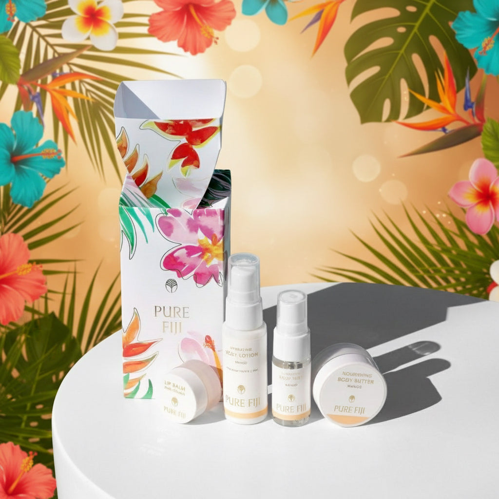 Skincare products with floral packaging on a turquoise background