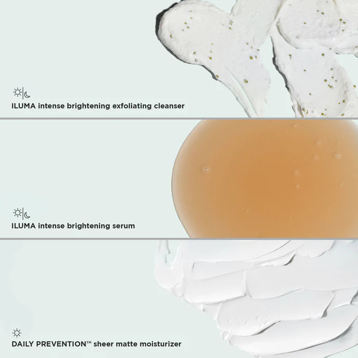 Three skincare products with labels for ILUMA intense brightening exfoliating cleanser, serum, and DAILY PREVENTION sheer matte moisturizer.