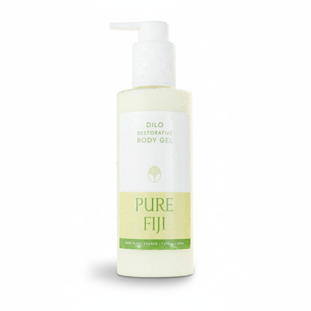 A pump bottle of Dilo Restorative Body Gel with the text 'PURE FIJI' displayed on the label.