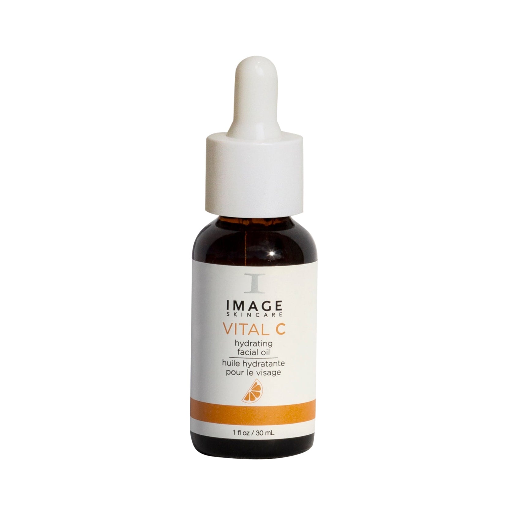 A bottle of IMAGE Vital C Hydrating Facial Oil with a dropper, on a plain background.