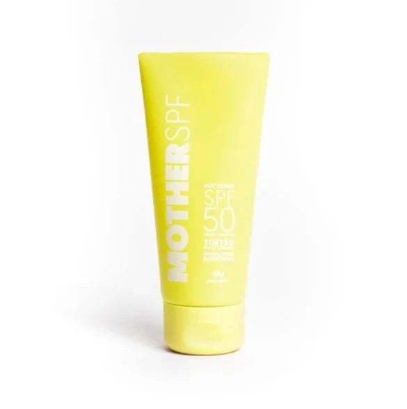 A yellow tube of Mother Mousse SPF 50 sunscreen with a satin finish.
