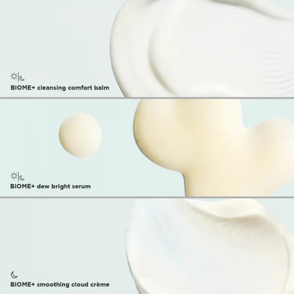 Three skincare products labeled 'BIOME+ cleansing comfort balm', 'BIOME+ dew bright serum', and 'BIOME+ smoothing cloud crème' on a light blue background.