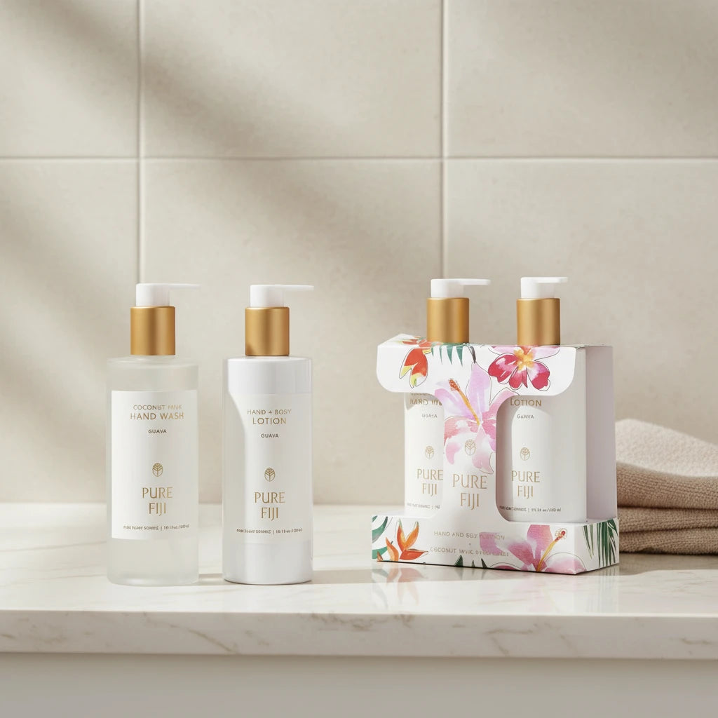 Set of Pure Fiji skincare products in a neutral bathroom