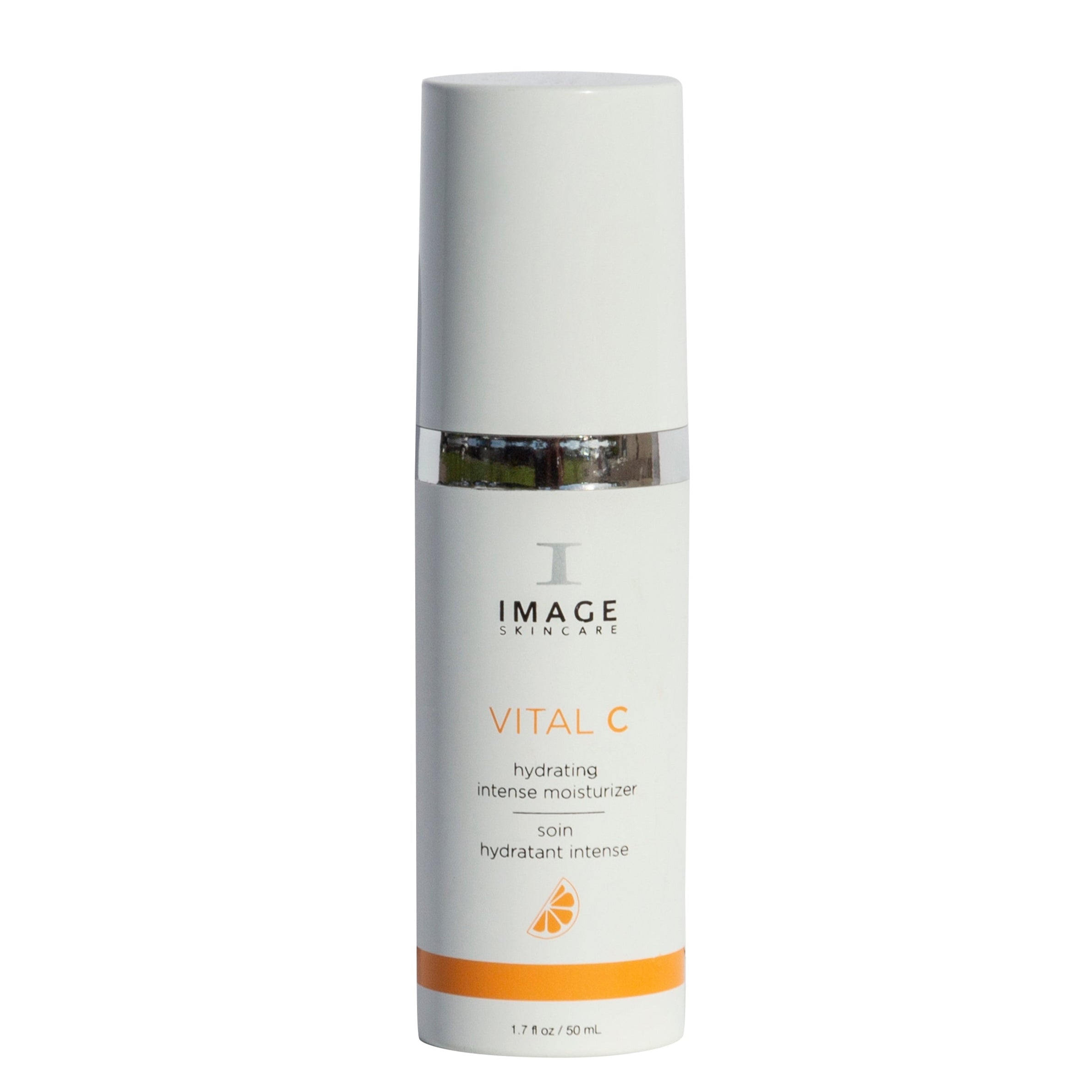 A bottle of IMAGE Vital C Hydrating Intense Moisturiser with a white and orange label, designed for skincare use.
