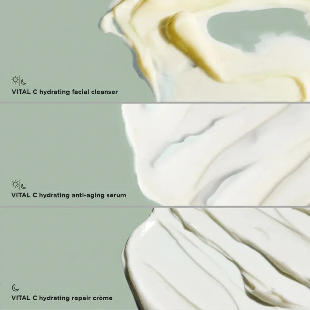 Three skincare products labeled 'VITAL C hydrating facial cleanser', 'VITAL C hydrating anti-aging serum', and 'VITAL C hydrating repair crème' on a light gray background.